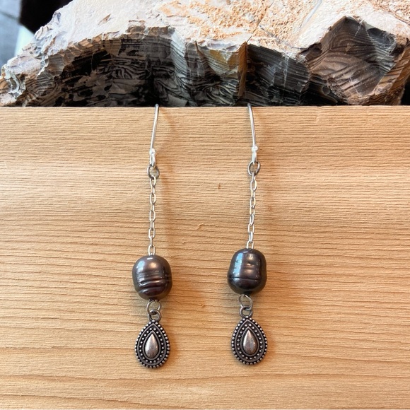 Earrings - Bronze Bead w/ Silver Chain - Antique Silver Teardrop Pendant - NWOT - Picture 3 of 3